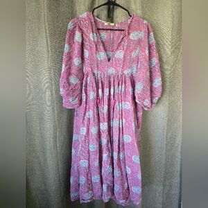 Dolma Mylah Block Printed Purple Floral Balloon Sleeve Midi Dress Boho Sz M